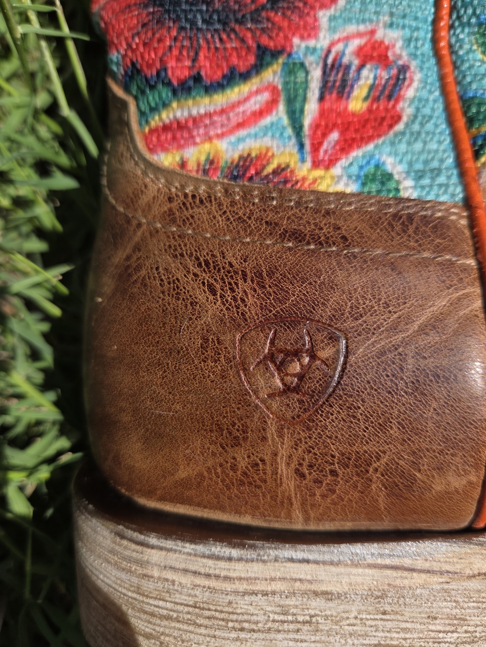 Ariat Brown Leather Wide Square Toe Boots with Turquoise Floral Shaft - Picture 3 of 14